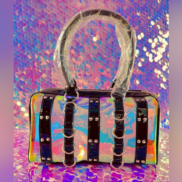Pastel Goth Blk Rainbow Holographic Chains Buckle Bag - Picture 3 of 11
